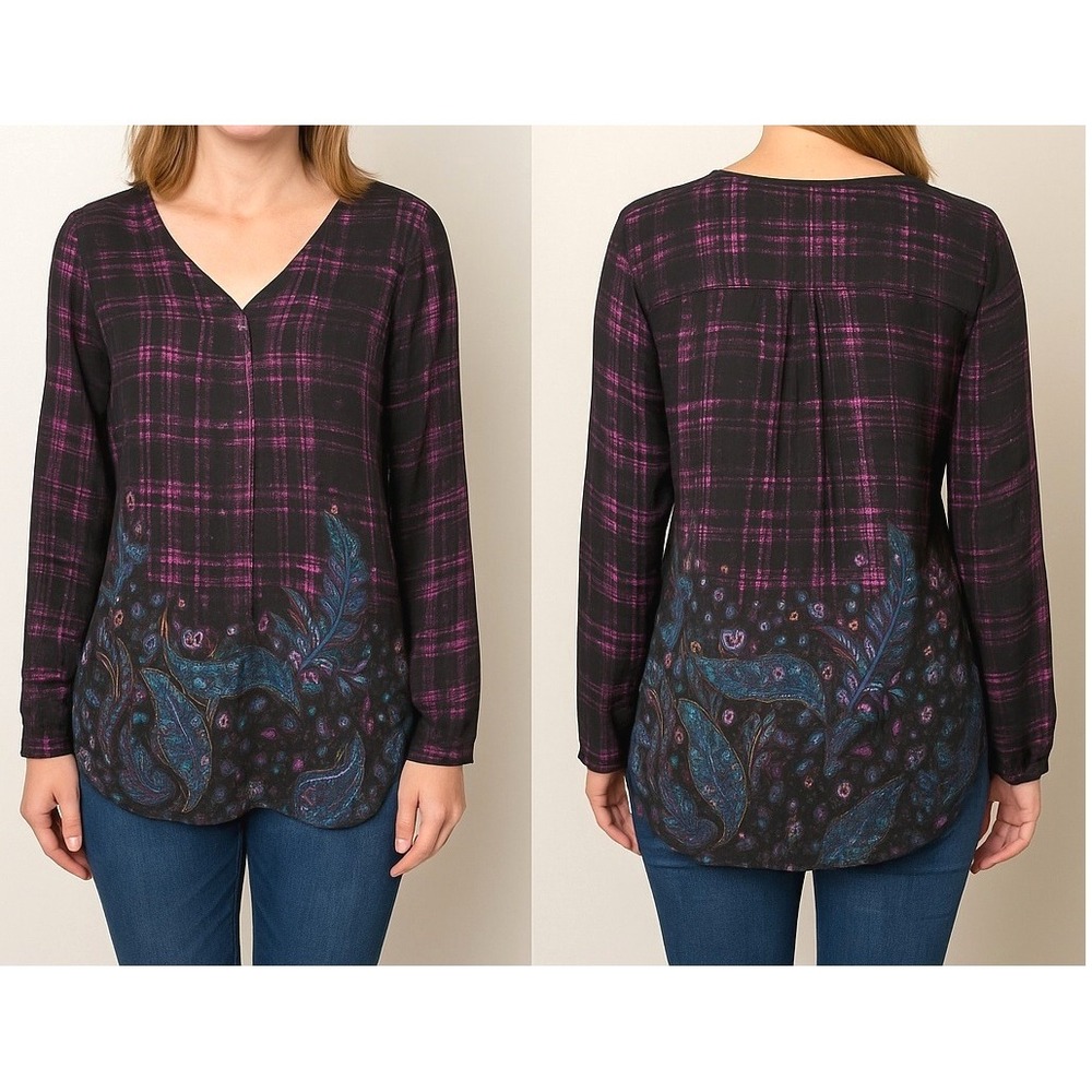 Lightweight Purple Plaid Floral V-Neck Tunic Size Medium